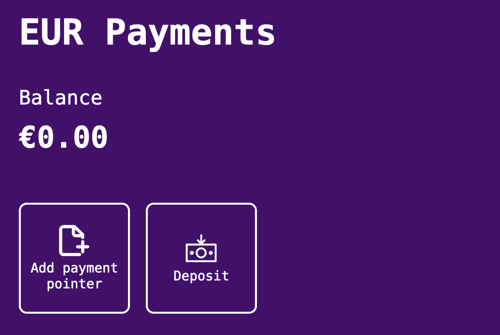 Newly created account showing zero balance and buttons for add payment pointer and deposit